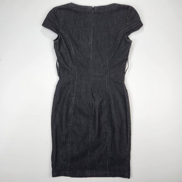 Sophisticated Edge: Le Chateau Black Denim Straight Dress – Size S, Cap Sleeve - Picture 2 of 10